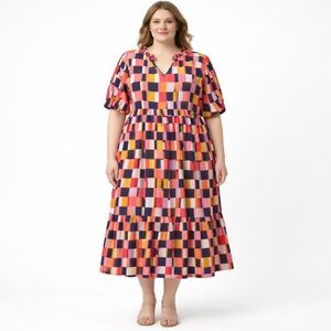 Michelle McDowell Midi Dress Womens 2X Pink Blue Geometric Ruffle Short Sleeve